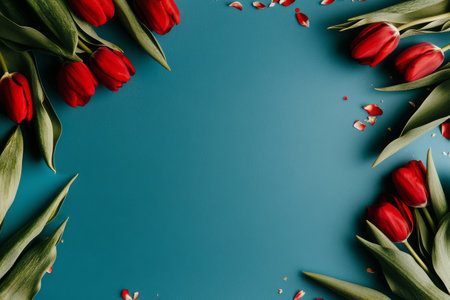Red tulips with green leaves surround a blue background, creating a colorful and elegant arrangement perfect for celebrations or decor. Petals are scattered for added detail.の素材
