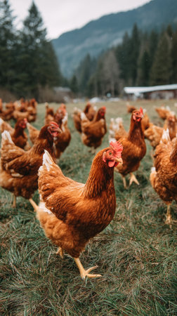A flock of brown chickens roams freely in a vibrant green pasture, with tall trees and mountains in the background under clear blue skies, enjoying the warm daylight.の素材