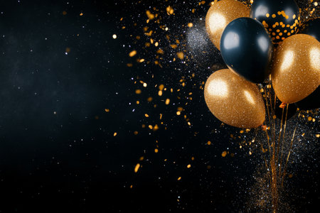 Black and gold balloons float amidst falling golden confetti against a dark background, creating a lively atmosphere for a festive celebration or party.の素材