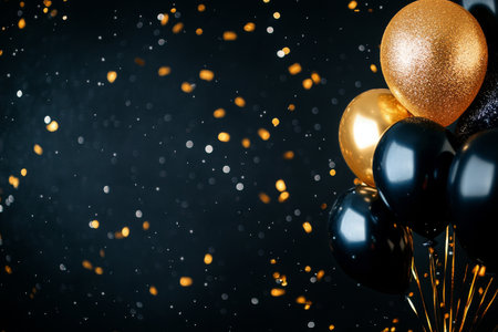 Black and gold balloons float amidst falling golden confetti against a dark background, creating a lively atmosphere for a festive celebration or party.の素材