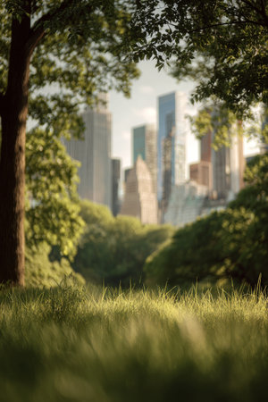 Tall buildings rise behind lush greenery, creating a contrast of nature and city life. Sunlight filters through leaves, casting shadows on the grass in a tranquil setting.の素材