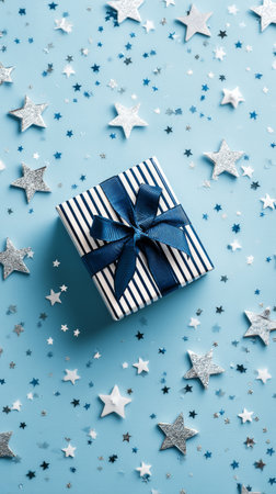A wrapped gift box with navy stripes and a blue ribbon sits atop a light blue background, scattered with shiny silver stars. Perfect for celebrations or festive events.の素材
