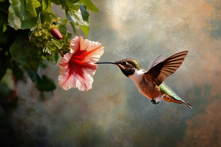 A colorful hummingbird hovers near a striking hibiscus flower in a lush garden. The sunlit environment enhances the vivid colors of both the bird and the blossom.の素材