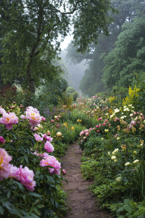 A tranquil garden path winds through lush greenery, flanked by colorful rose bushes. Soft fog envelops the area, creating a peaceful atmosphere during the early morning.の素材