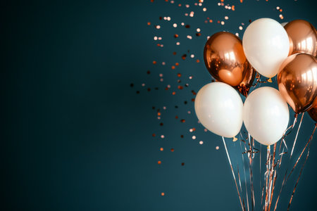 A cluster of white and metallic balloons is displayed against a dark blue background, surrounded by falling confetti, creating a lively and festive atmosphere for a celebration.の素材