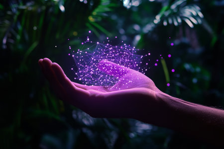 A hand holds a vibrant, glowing network of interconnected nodes and lines, representing technology and innovation amidst a lush, dark green backdrop of foliage.の素材