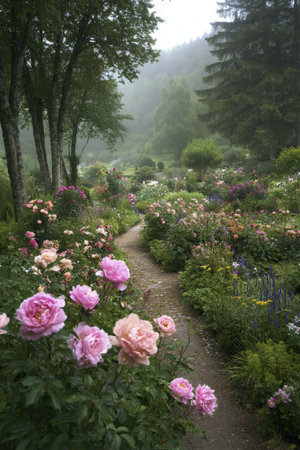 A tranquil garden path winds through vibrant flowerbeds filled with blooming roses and other plants in a foggy setting. Lush trees and greenery create a serene atmosphere.の素材