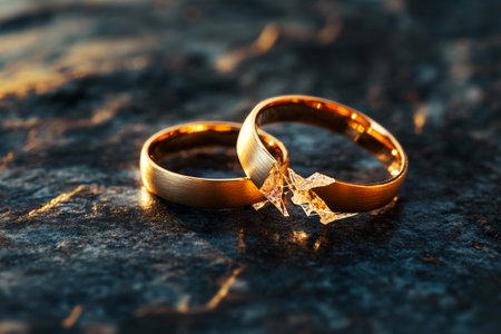 Two golden wedding rings rest on a dark stone surface surrounded by greenery and colorful decorative elements, reflecting light and creating a sophisticated atmosphere.の素材