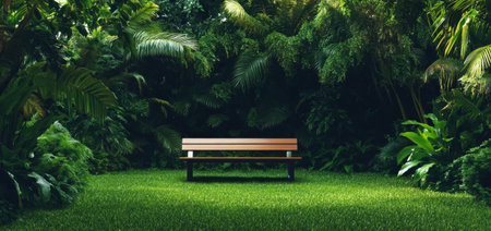 A peaceful garden features a wooden bench nestled in vibrant greenery under a bright sky, inviting relaxation amidst natures beauty.の素材