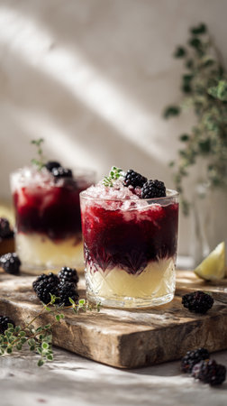 Two vibrant blackberry cocktails are placed on a rustic wooden table, garnished with ice and fresh blackberries. Natural light highlights the colorful layers of this refreshing drink.の素材