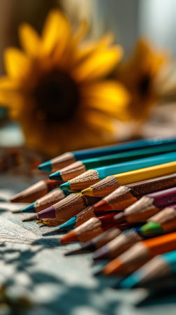 A collection of colored pencils are stacked in an artistic manner, while vibrant sunflowers rest in a jar, creating a cheerful and inviting indoor atmosphere.の素材