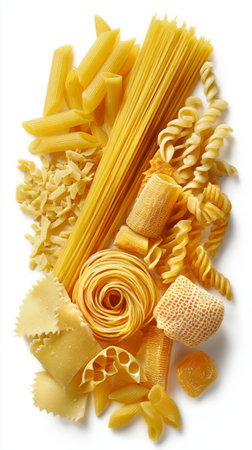 Various types of dry pasta are creatively arranged on a white surface. Shapes include spaghetti, fettuccine, and farfalle, showing a vibrant yellow color.の素材