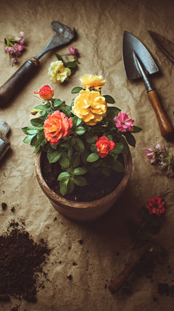 Brightly colored flowers bloom in a pot, set on brown paper with gardening tools and soil scattered around, suggesting an afternoon of planting and gardening enjoyment.の素材