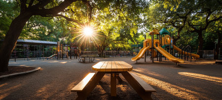 A playground comes alive with bright yellow slides and climbing structures. Sunlight streams through leafy trees, creating a warm atmosphere in the afternoon setting.の素材