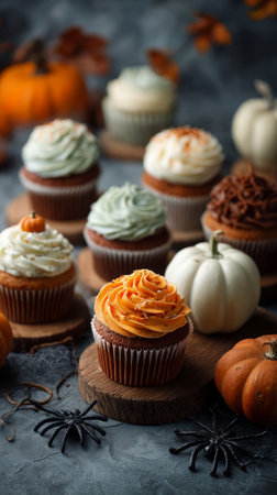 Cupcakes with orange, purple, and white frosting are artfully arranged on wooden stands, surrounded by pumpkins and fall decorations, creating a festive atmosphere for Halloween.の素材