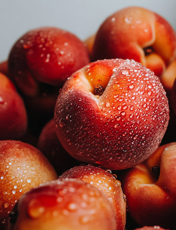 Juicy peaches glisten with dew, resting together in a pile. The fresh summer produce showcases a rich blend of colors, highlighting its natural beauty and freshness.の素材