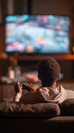 A young adult sits comfortably on a couch, engaged in gaming. The living room is softly lit, with a large screen displaying colorful game graphics.の素材