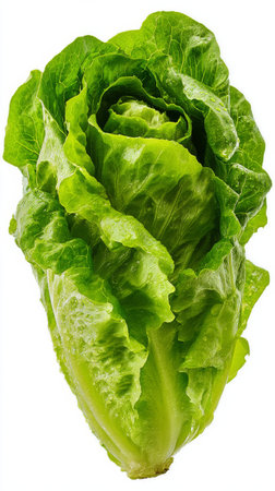 Romaine lettuce head displayed with vibrant green leaves, perfect for preparing fresh salads and healthy dishes in a sunny kitchen environment to promote nutritious eating.の素材