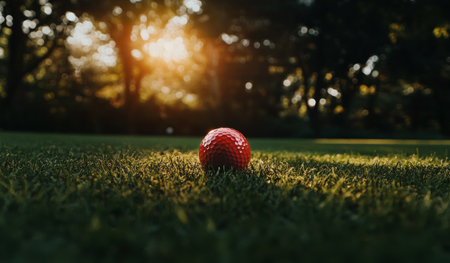 A vibrant red golf ball lies on lush green grass, illuminated by the warm glow of the sunset. The peaceful atmosphere is perfect for a relaxing game of golf in the evening light.の素材