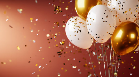 A collection of gold and white balloons fills the air, surrounded by colorful confetti falling gracefully in a joyous celebration. The background adds to the festive feel.の素材
