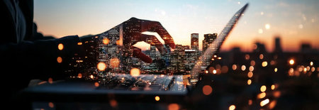 A hand is holding a laptop in the forefront, while a vibrant city skyline is visible behind, illuminated by sunset colors and glowing lights, creating a dynamic digital atmosphere.の素材