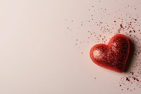 A shimmering red heart made of glitter rests on a soft light surface, surrounded by small bits of red confetti, creating a festive atmosphere perfect for celebrations.の素材