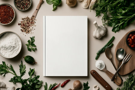 Fresh herbs, vegetables, and spices surround a blank cookbook on a wooden table, inviting creativity in the kitchen. Garlic and an egg add to the vibrant display.の素材