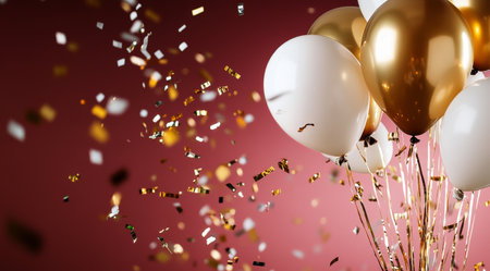 A collection of gold and white balloons fills the air, surrounded by colorful confetti falling gracefully in a joyous celebration. The background adds to the festive feel.の素材