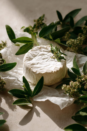 Round cheese placed on crinkled paper, surrounded by vibrant green herbs and foliage. Soft light enhances the textures and colors, creating an inviting presentation.の素材