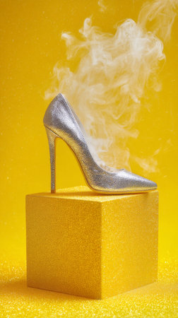A glittering silver high heel rests on a bright yellow cube, surrounded by wisps of smoke. The striking contrast highlights its elegant design and luxurious appeal in an artistic display.の素材