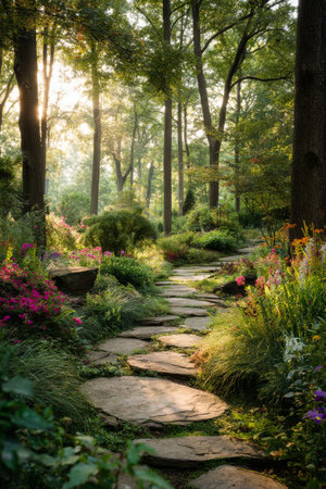 A stone path means through a lush garden filled with colorful flowers and greenery, illuminated by the soft glow of early morning light in a serene environment.の素材
