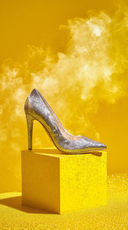 A glittering silver high heel rests on a bright yellow cube, surrounded by wisps of smoke. The striking contrast highlights its elegant design and luxurious appeal in an artistic display.の素材