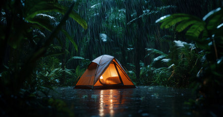 A glowing tent stands amidst the tropical foliage as rain pours heavily around it. Campers enjoy nature while staying dry, surrounded by vibrant green leaves and the sounds of the forest.の素材