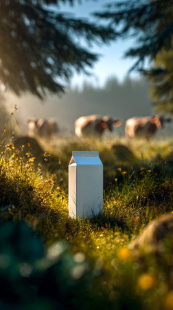 A white milk carton is placed in a lush green field as cows graze peacefully in the background. The soft morning light enhances the tranquil atmosphere of the rural setting.の素材
