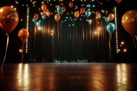 A vibrant display of orange and blue balloons floats against a backdrop of twinkling lights on a stage, creating an inviting atmosphere for a joyful gathering or party.の素材