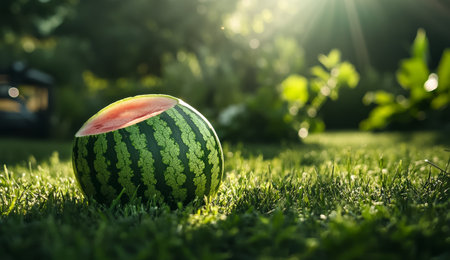 A vibrant watermelon sits on lush green grass, partially sliced to reveal its juicy interior. Sunlight filters through nearby plants, creating a warm atmosphere in the garden.の素材