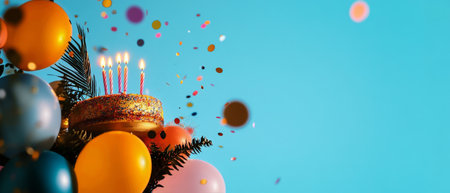 A vibrant birthday celebration features a festive cake adorned with candles, surrounded by colorful balloons and scattered confetti against a bright blue background.の素材