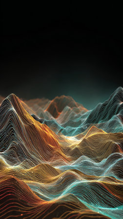 Digital artwork depicts an abstract landscape filled with vibrant colors and flowing lines. The scene combines shades of blue, orange, and purple, creating a dynamic atmosphere.の素材