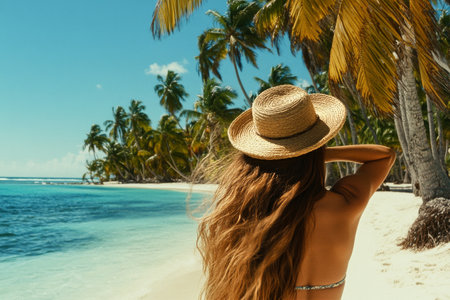A woman with long hair wearing a straw hat stands on a sandy beach, gazing at the clear water and palm trees. The sun shines brightly, creating a perfect tropical atmosphere.の素材