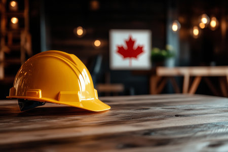 A yellow hard hat is placed on a rustic wooden table, with a Canadian flag subtly displayed in the background, creating a national pride atmosphere in an indoor setting.の素材