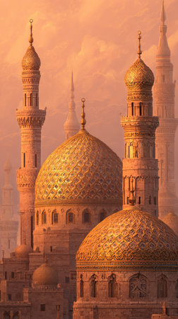 Golden sunlight illuminates ornate domes and towering minarets of historic buildings in a captivating skyline at sunset, creating a stunning visual spectacle against a colorful sky.の素材