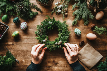 Hands assemble a green wreath adorned with decorative eggs on a wooden table surrounded by natural elements, showcasing craft skills during the holiday season.の素材