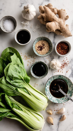 Fresh green bok choy, garlic, and ginger are arranged on a marble countertop. Various bowls with sauces, sesame seeds, and spices indicate preparation for flavorful cooking.の素材