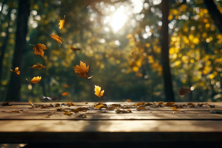 Golden leaves dance in the breeze above a weathered wooden table as the sun sets, casting a warm glow and illuminating the serene forest surroundings.の素材