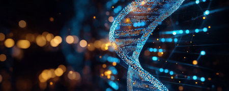 A vivid depiction of a DNA double helix filled with luminous particles, set in a dark environment.の素材