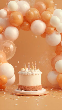 A vibrant birthday setup featuring a beautifully decorated orange cake on a stand surrounded by balloons and stars. The bright colors create a joyful atmosphere for a celebration.の素材