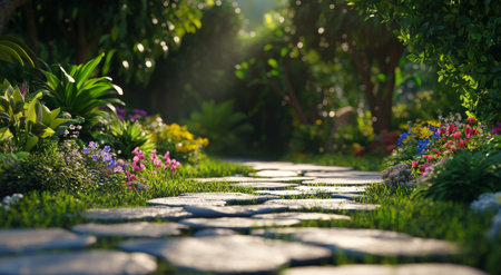 A serene garden pathway made of stone is lined with colorful flowers and greenery, creating a tranquil environment perfect for relaxation and enjoyment in the sunlight.の素材
