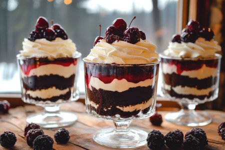 Three elegant dessert cups showcase layers of chocolate cake, whipped cream, and berries, creating a tempting treat against a wintry backdrop with soft lighting.の素材