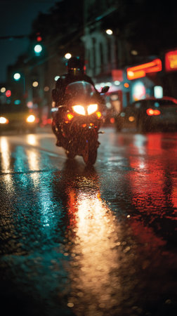 A motorcycle cruises down a wet urban street at night, illuminated by vibrant city lights and reflections on the rain-soaked pavement, creating a moody atmosphere.の素材
