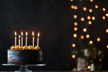 A beautifully decorated black cake with five lit candles stands out against a dark background. Golden sparkles illuminate the scene, adding a festive touch to the celebration.の素材